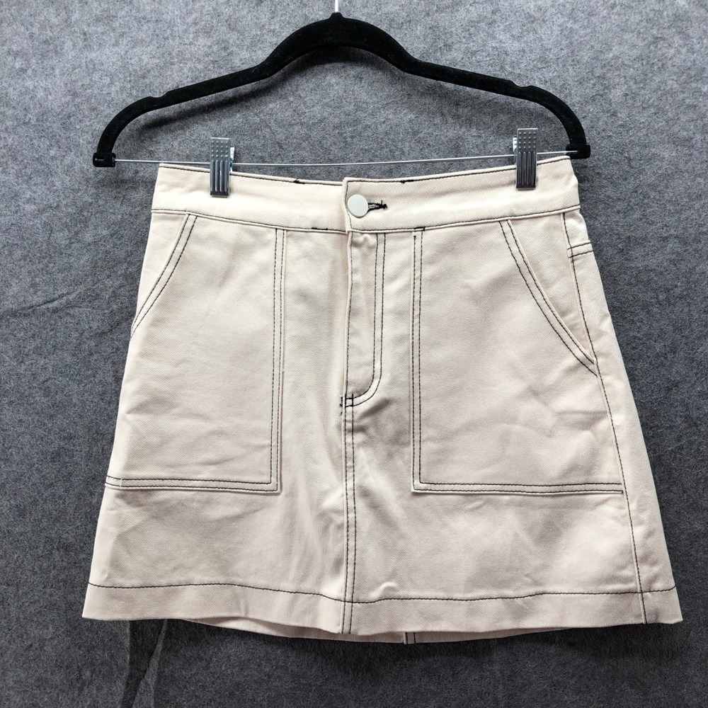 Zara Mini Skirt Womens S Cream Ivory Denim Cotton Patch Pocket‎ High Rise